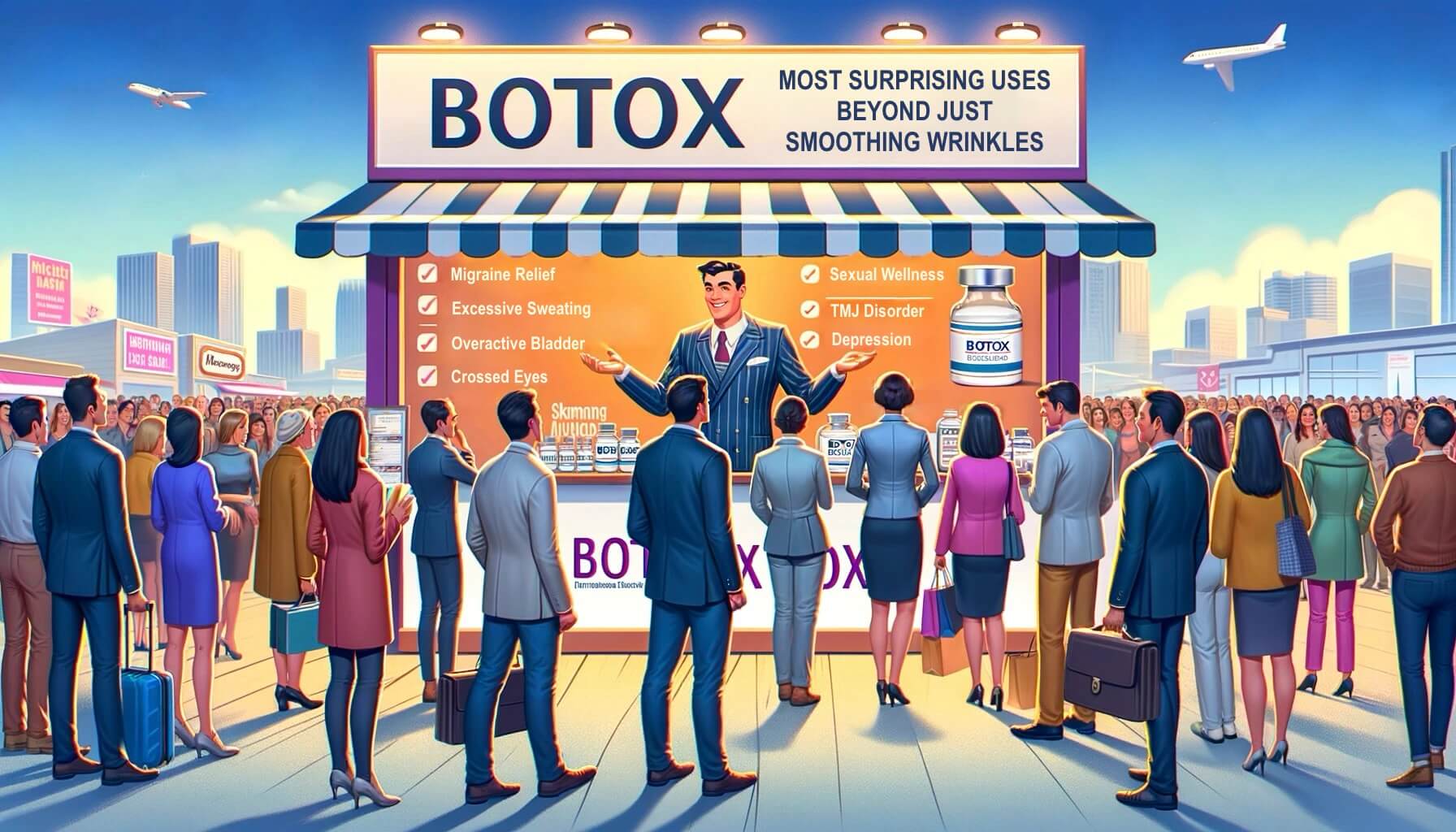 Illustration of salesman explaining the Most Surprising Uses for Botox Beyond Just Smoothing Wrinkles