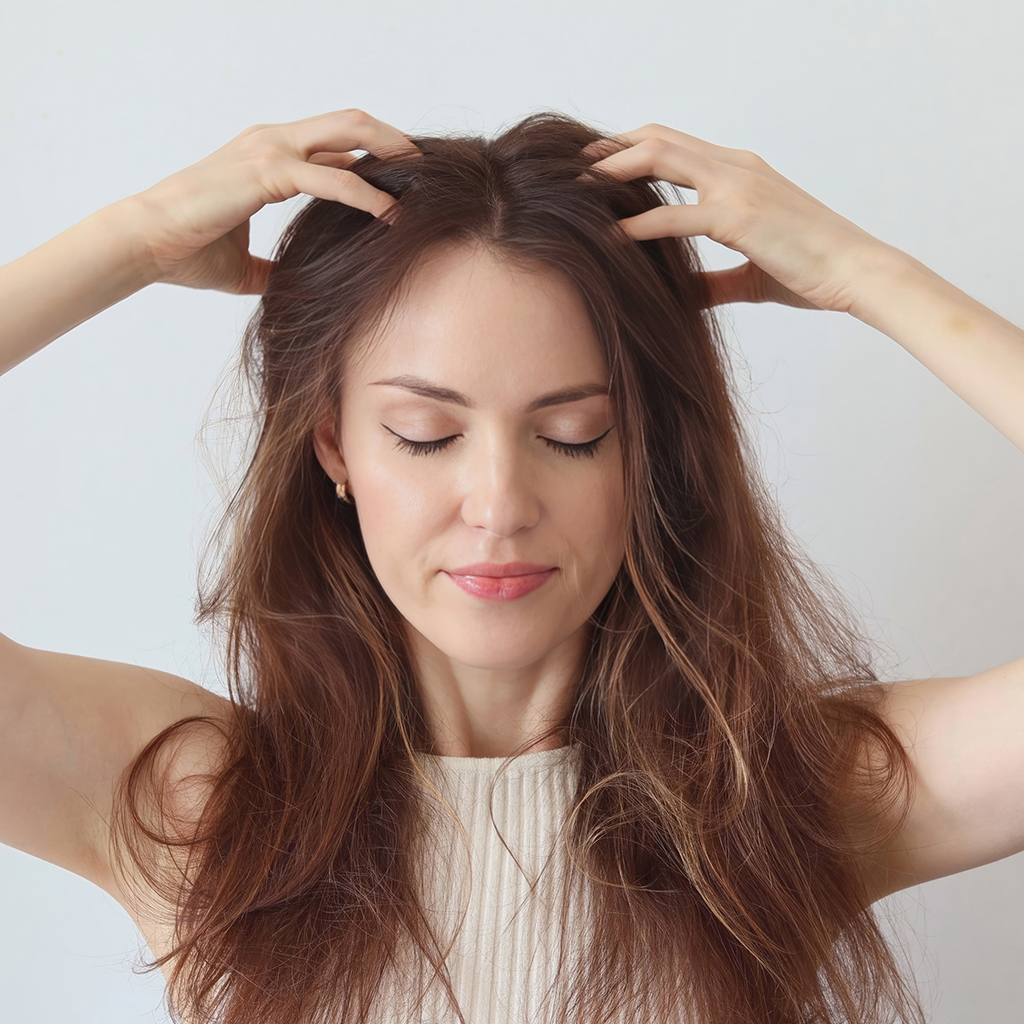 Woman massaging scalp with closed eyes, symbolizing relief from chronic migraines using FDA-approved Botox treatment.