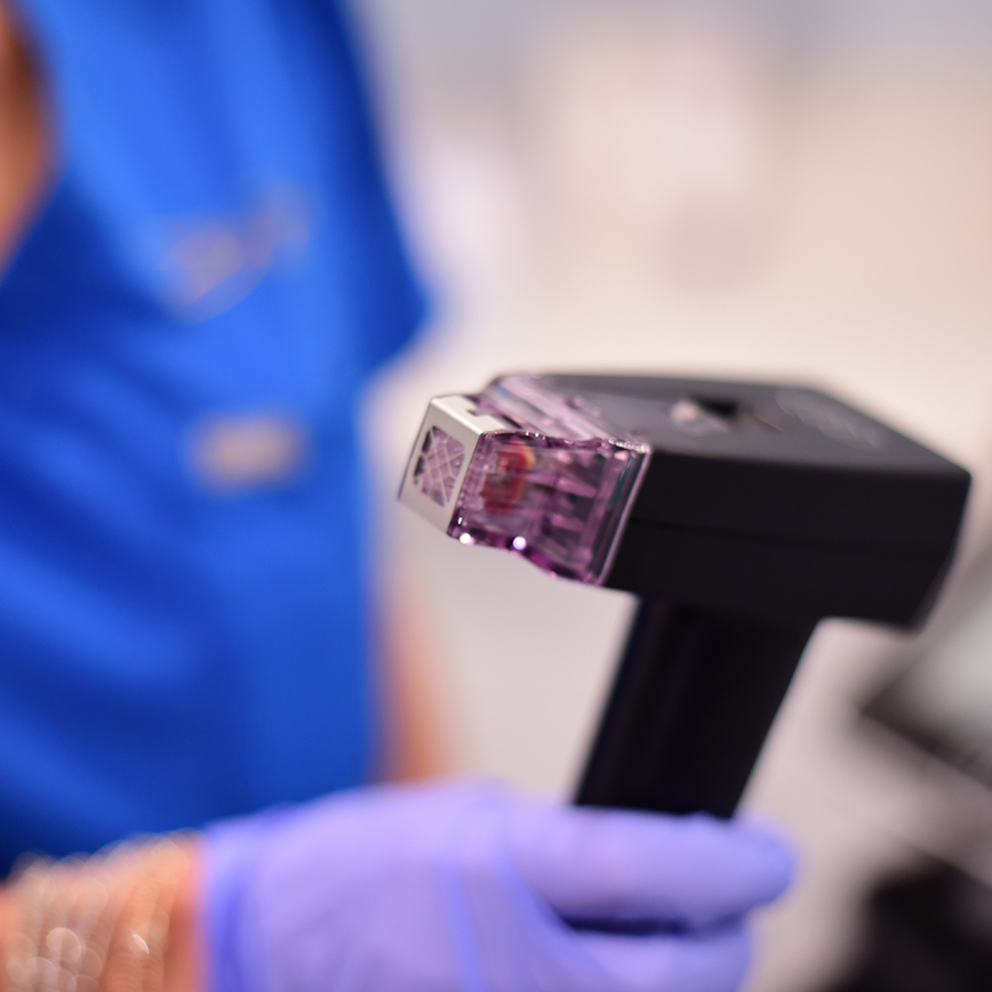 Close-up of Morpheus8 Body device showing microneedling tip used for deep radiofrequency skin remodeling treatments