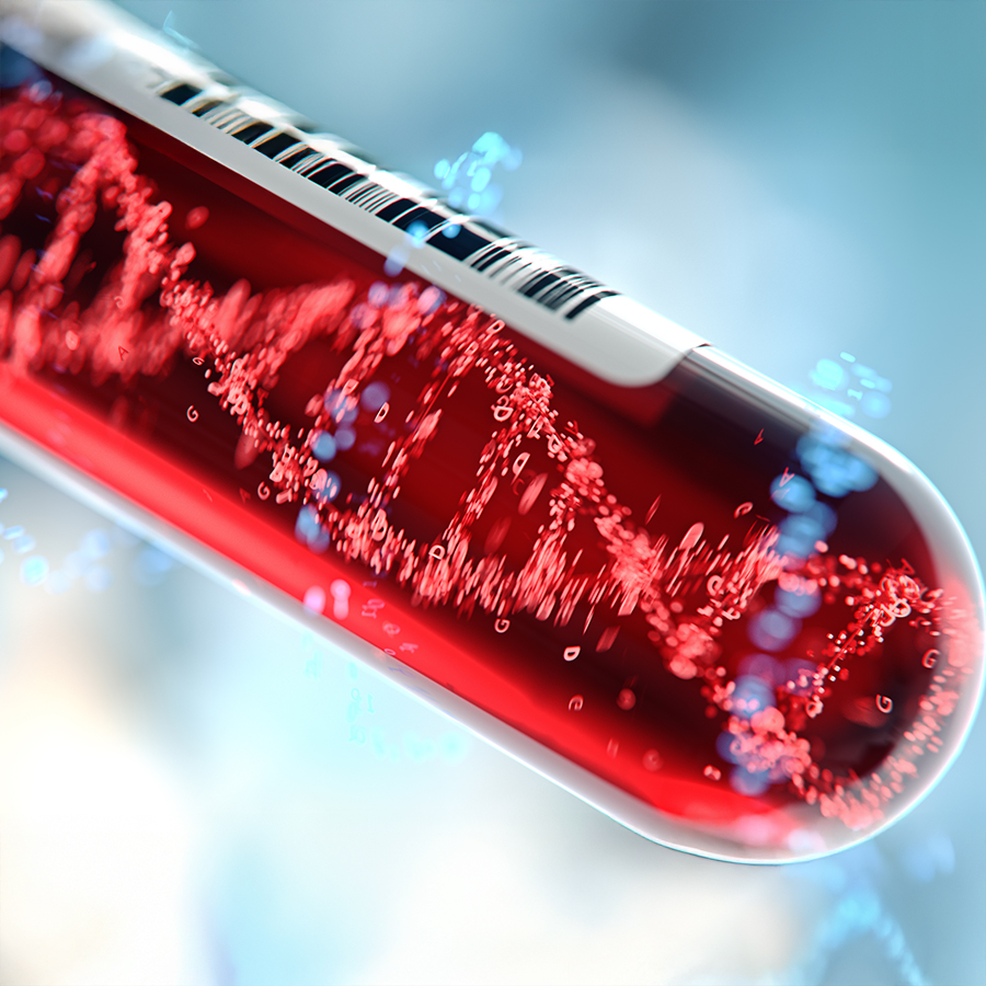 Blood vial with digital DNA visualization representing multi-cancer early detection test for identifying cancers early