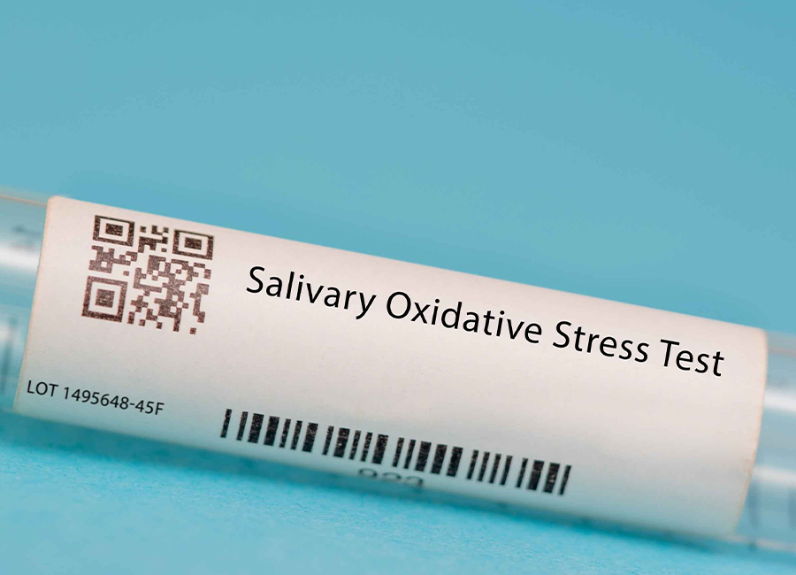 Labeled tube for salivary oxidative stress test, used to assess free radical damage and antioxidant defense in the body