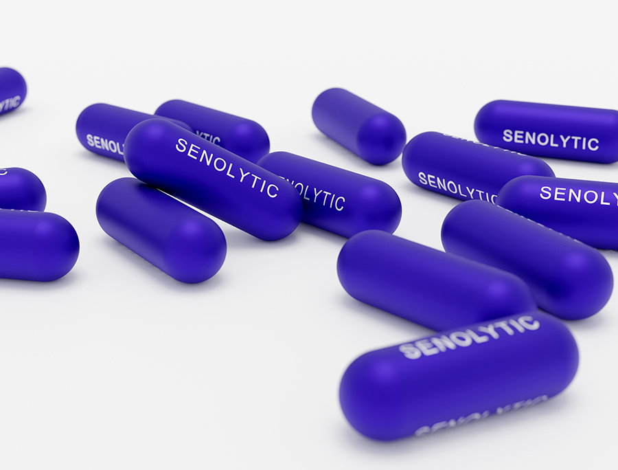 Purple senolytic capsules scattered on white background, used in anti-aging treatments to clear senescent cells