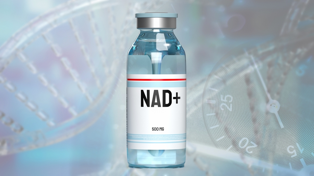 A vial of NAD+ for advanced beauty support, highlighting its role in improving skin quality, hair strength, and nail health when added to Beauty IV therapy.