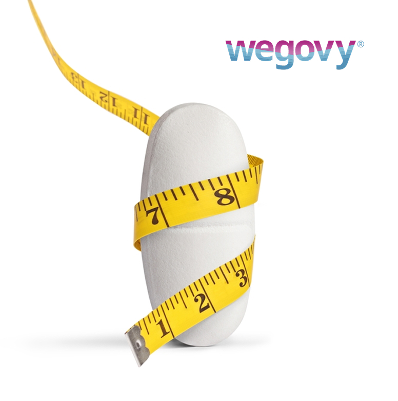 Large white pill wrapped in yellow measuring tape symbolizing oral GLP-1 medication benefits for appetite control and weight loss.