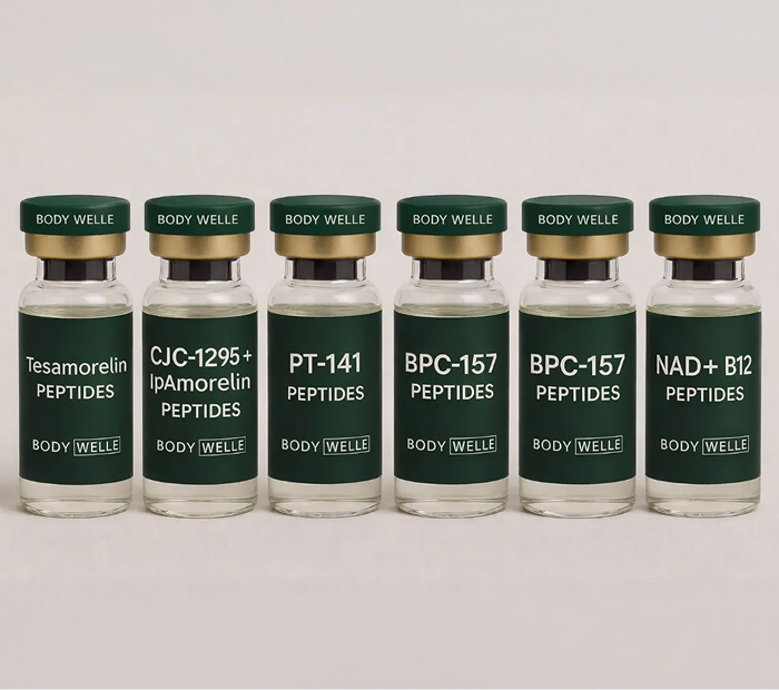 Six Body Welle peptide vials labeled Tesamorelin, CJC-1295 + Ipamorelin, PT-141, BPC-157, and NAD+ B12 for longevity therapy.