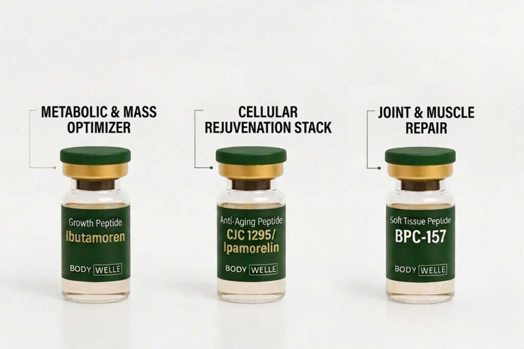 Three peptide vials labeled for metabolism, cellular rejuvenation, and muscle repair with medical wellness branding visible