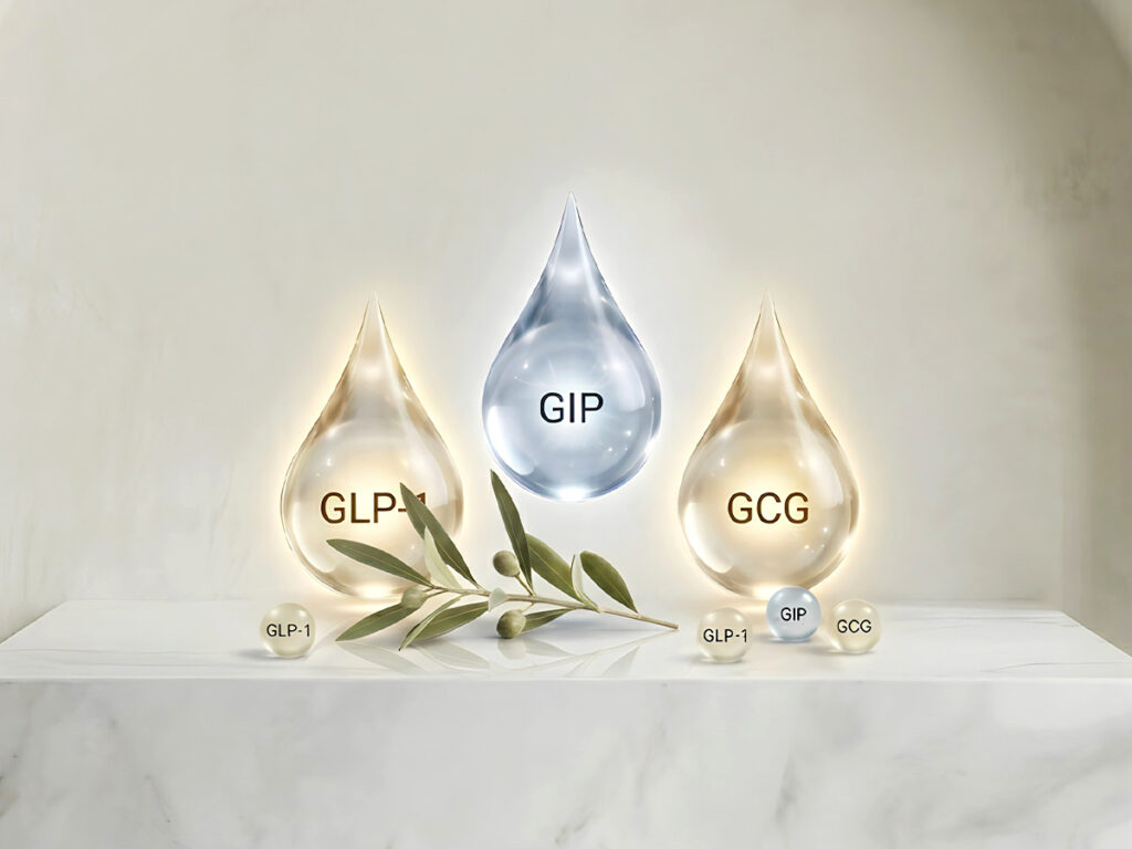 GLP-1, GIP, and glucagon droplets illustrating retatrutide triple agonist mechanism for metabolism and weight loss enhancement
