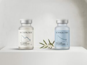 Two medication vials labeled retatrutide and semaglutide comparing weight loss treatments and appetite regulation mechanisms