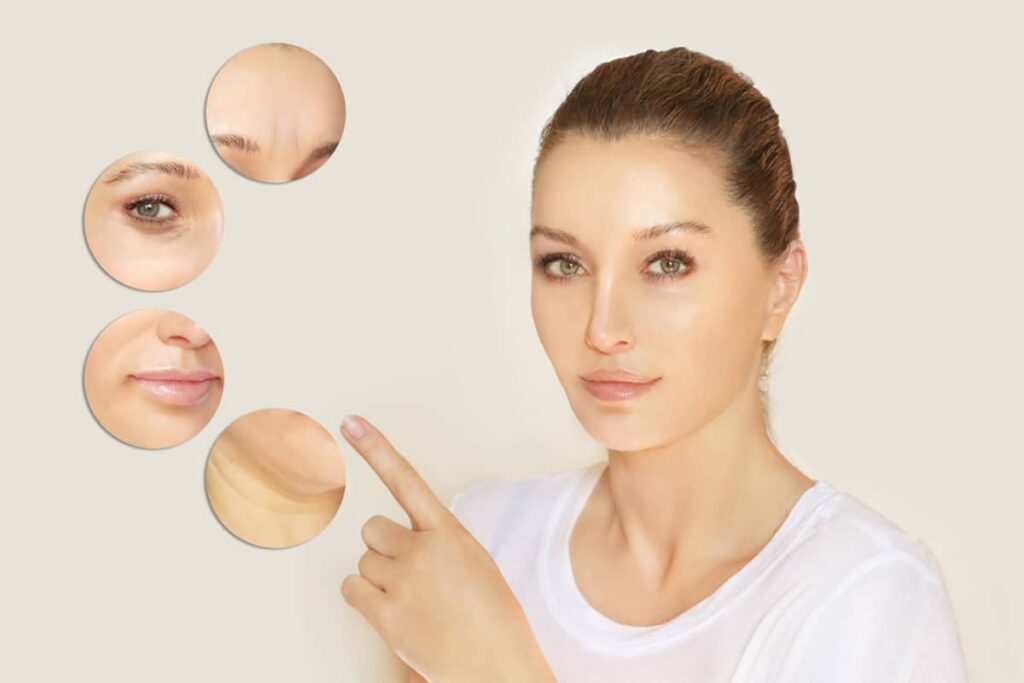 A woman pointing to four circular icons that highlight common Botox treatment areas including the forehead, eyes, lips, and neck.