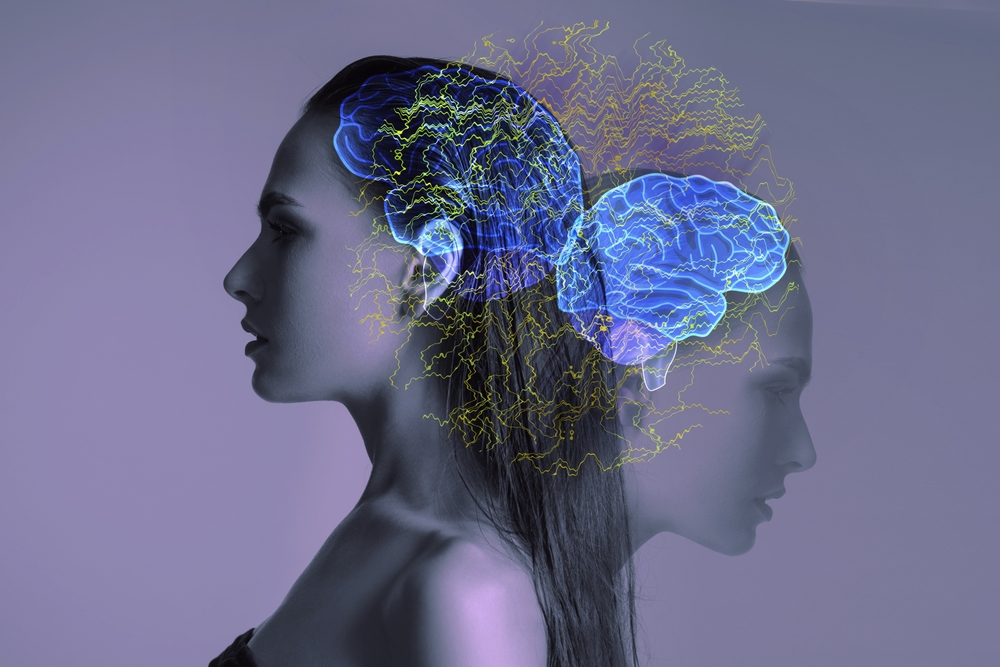 Profile of woman with highlighted brain illustrating stem cell therapy effects on neuroinflammation and cognitive health