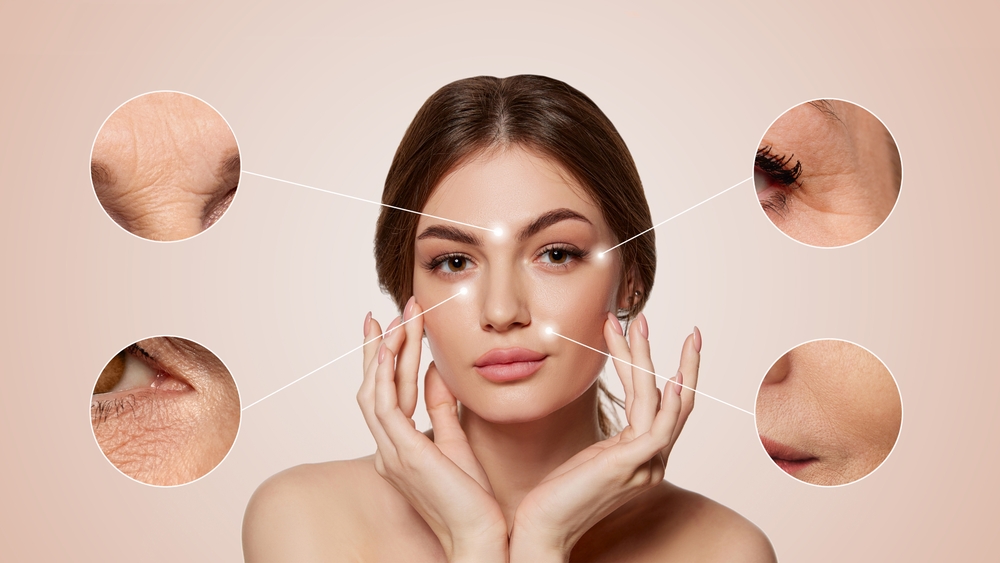 Woman with facial aging callouts illustrating neuromodulators, fillers, and laser resurfacing options