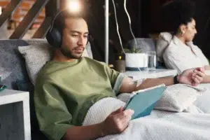Patient relaxing during an IV-based wellness treatment.