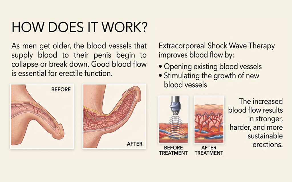 Shockwave therapy diagram showing improved penile blood flow and new blood vessel growth before and after treatment.