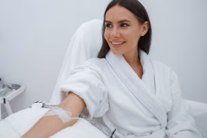 A smiling woman in a white robe receiving intravenous therapy in a bright clinical room.