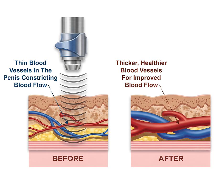 Shockwave therapy illustration showing improved penile blood flow through thicker, healthier blood vessels after treatment.