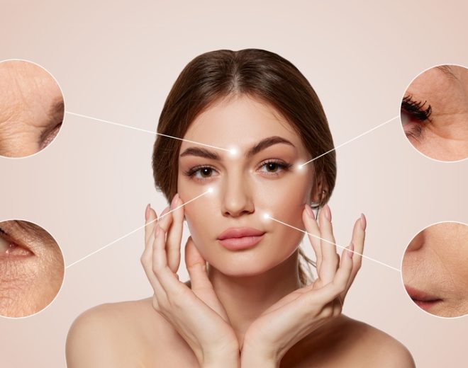 Woman,Face,With,Highlighted,Skin,Problem,Zones,And,Closeup,Sections.