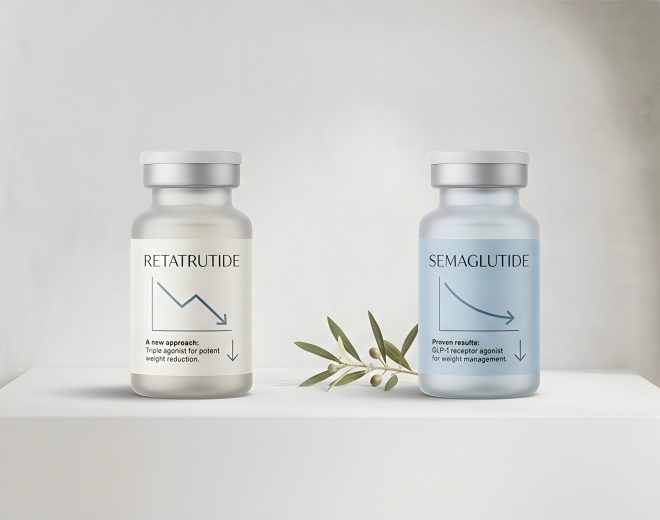 Two medication vials labeled retatrutide and semaglutide comparing weight loss treatments and appetite regulation mechanisms